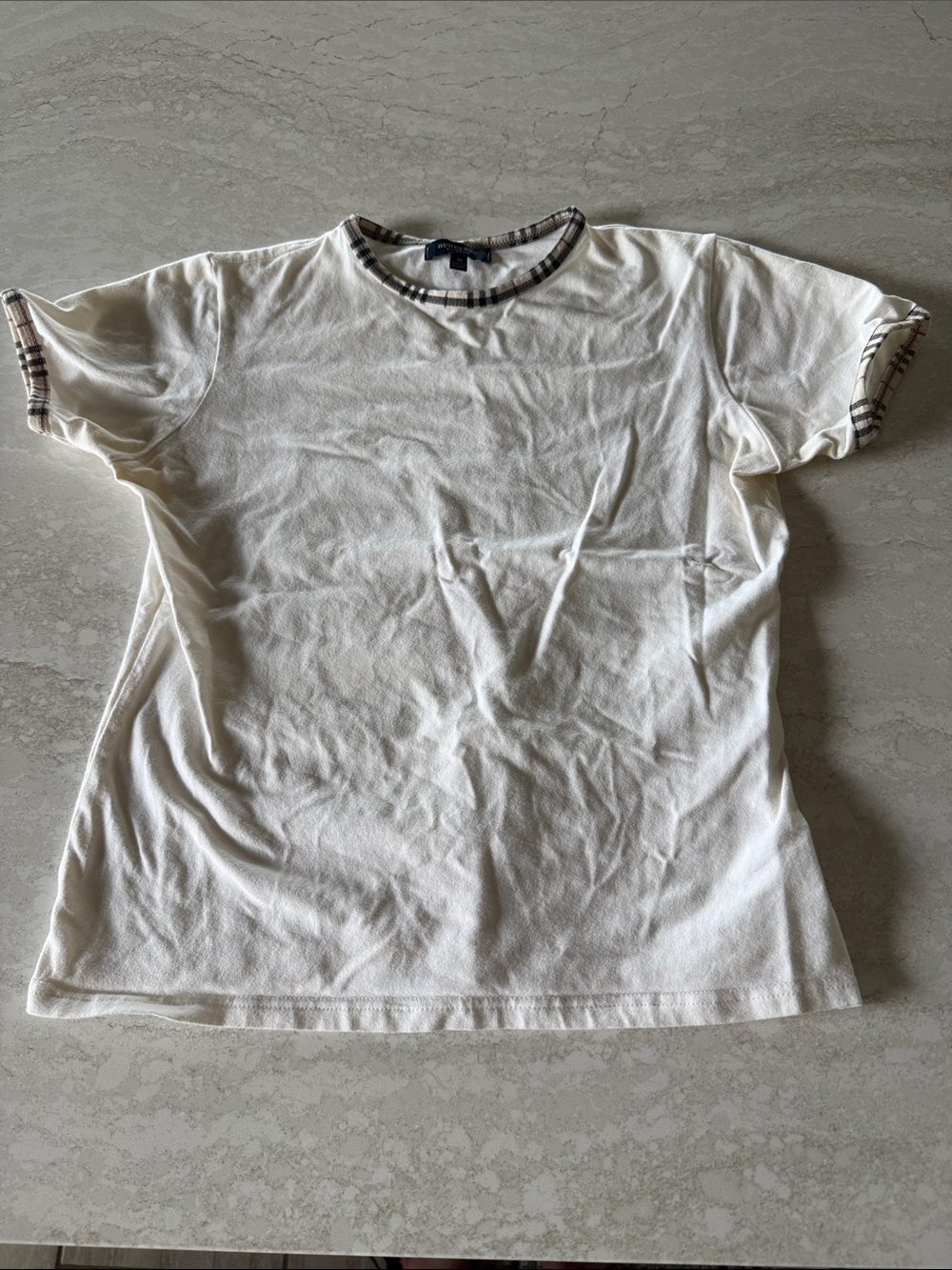 Burberry Cream Short Sleeve Tee with Signature Plaid Trim